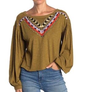 Free People Boho Moss Green Top Long Sleeve Embroidered Size XS